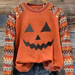 Halloween Pumpkin Printing Sweatshirt Vintage Ethnic Crew Neck Comfy Cotton Top, Hoodies & Sweatshirts, color:Orange|size:XXL, catalog Noracora shop