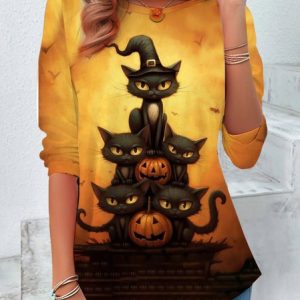 Women's Long Sleeve Tee T-shirt Spring/Fall Halloween Printing Jersey Crew Neck Holiday Going Out Vintage Top, JustFashionNow T-Shirts, color:Orange|size:XXL