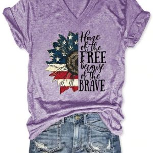 Women American Flag Sunflower Home Of The Free Because Of The Brave Simple T-Shirt, T-shirts, Lilicloth.com