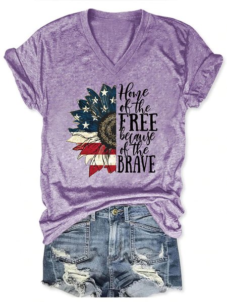Women American Flag Sunflower Home Of The Free Because Of The Brave Simple T-Shirt, T-shirts, Lilicloth.com