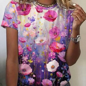 Women's Long Sleeve Tee T-shirt Spring/Fall Floral Printing Jersey V Neck Daily Going Out Vintage Top Purple, JustFashionNow T-Shirts, color:Purple|size:XXL,