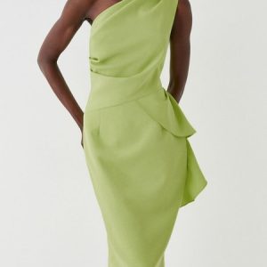 Women's Sleeveless Summer Plain Ruched Dress One Shoulder Cocktail Going Out Urban Knee Length H-Line, JustFashionNow Dresses, color:Green|size:XXL,