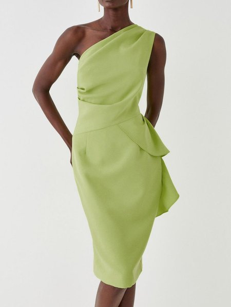 Women's Sleeveless Summer Plain Ruched Dress One Shoulder Cocktail Going Out Urban Knee Length H-Line, JustFashionNow Dresses, color:Green|size:XXL,
