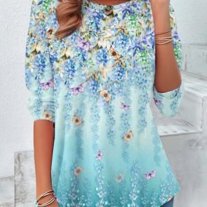 Women's Long Sleeve Tee T-shirt Spring/Fall Floral Printing Jersey Crew Neck Daily Going Out Vintage Top, JustFashionNow T-Shirts, color:Light Blue|size:XXL,