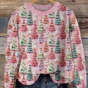 Cute Cat Christmas Tree Knitted Sweater, Sweaters, Lilicloth.com