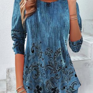 Women's Long Sleeve Tee T-shirt Spring/Fall Floral Printing Jersey Crew Neck Daily Going Out Vintage Top, JustFashionNow T-Shirts, color:Blue|size:XXL,