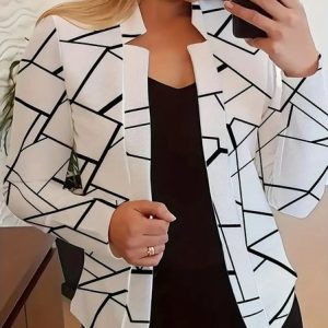 Women's Spring/Fall Outerwear Urban Geometric Long Sleeve Wrap Regular Blazer, JustFashionNow Blazers, color:White|size:5XL,