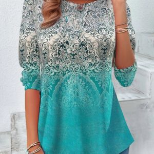 Ethnic Design Round Neck Casual T-Shirt, Long sleeves, Lilicloth.com