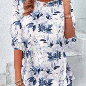 Women's Long Sleeve Tee T-shirt Spring/Fall Floral Printing Jersey Crew Neck Daily Going Out Vintage Top, JustFashionNow Tops, color:Blue|size:XXL,