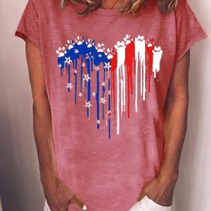 Women's Independence Day Love Dog Paws Blue White Red Graphic Printing 4th Of July Cotton-Blend Casual Loose T-Shirt, JustFashionNow T-Shirts, color:Red|size:3XL,