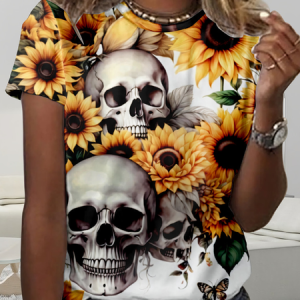 Simple Sunflower Skull Regular Fit T-Shirt, T-shirts, Lilicloth.com