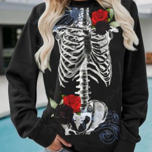 Women's Crew Neck Floral Casual Spring/Fall Long Sleeve Sweatshirt, JustFashionNow Sweatshirts & Hoodies, color:Black|size:XXL,