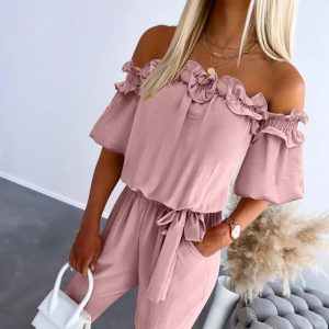 Off Shoulder Frill Hem Tied Detail Jumpsuit, women Jumpsuits, ChicMe catalog