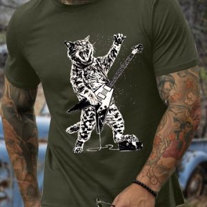 MenвЂ™s Rock Cat Animal Casual Crew Neck T-Shirt, T-shirts, Lilicloth.com