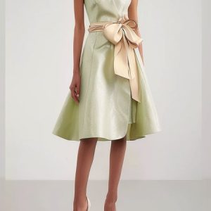 Women's Short Sleeve Summer Color Block Bow Dress V Neck Date Going Out Urban Midi X-Line, JustFashionNow Dresses, color:Green|size:3XL,