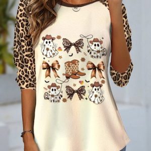 Women's Long Sleeve T-shirt Spring/Fall Apricot Leopard Jersey Crew Neck Daily Going Out Casual Top, Long sleeves, Lilicloth.com