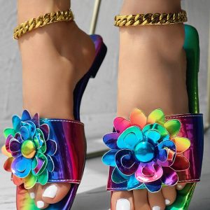 Rainbow Ombre Floral Pattern Square Toe Slippers, Slippers, ChicMe catalog
