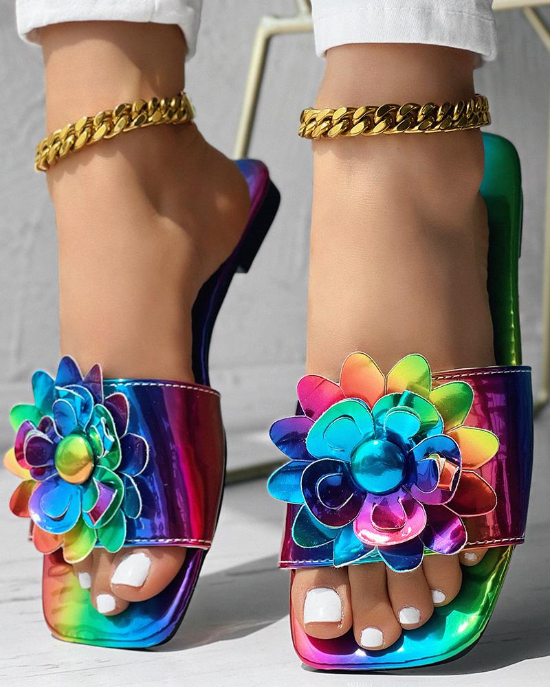 Rainbow Ombre Floral Pattern Square Toe Slippers, Slippers, ChicMe catalog