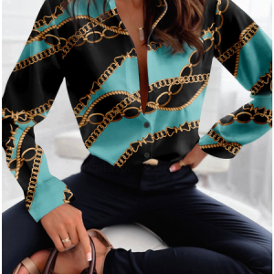 Women's Long Sleeve Shirt Spring/Fall Geometric Shirt Collar Daily Going Out Casual Top, JustFashionNow Shirts & Blouses, color:Cyan|size:XXL,