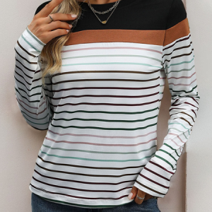 Women's Long Sleeve Tee T-shirt Spring/Fall Striped Knitted Crew Neck Daily Going Out Casual Top, JustFashionNow T-Shirts, color:Black|size:XL,
