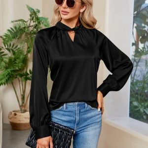 Crew Neck Long Sleeve Plain Regular Regular Fit Blouse For Women, Blouses, color:Black|size:XXL, catalog Noracora shop