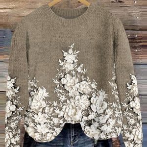 Vintage floral embroidery art knitted round neck sweater, Sweaters, Lilicloth.com