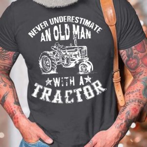 Men’s Never Underestimate An Old Man With A Tractor Fit Cotton Casual Crew Neck T-Shirt, T-shirts, Lilicloth.com
