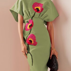 Women's Short Sleeve Summer Floral Embroidery Dress Boat Neck Commuting Going Out Urban Maxi A-Line Red, JustFashionNow Formal Dresses, color:Green|size:XXL,