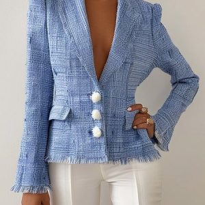 Women's Spring/Fall Outerwear Urban Buckle Plain Long Sleeve Lapel Collar Jacket, JustFashionNow Blazers, color:Light Blue|size:XXL,