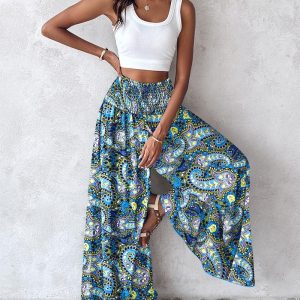 Paisley Print Shirred Wide Leg Pants, Pants, ChicMe catalog