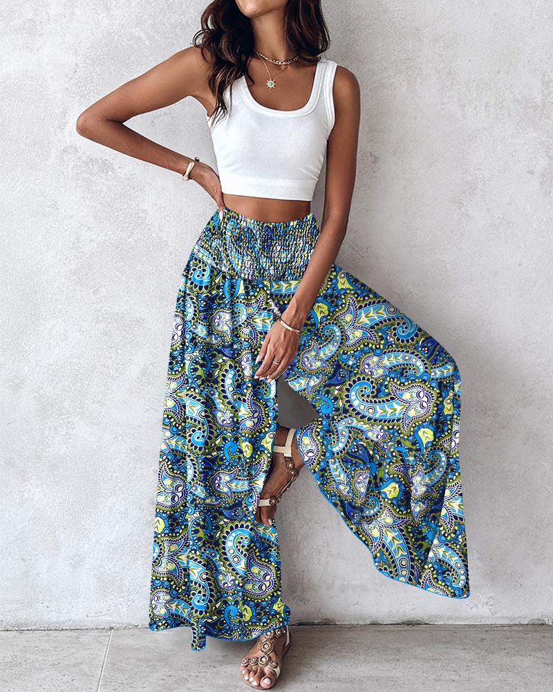 Paisley Print Shirred Wide Leg Pants, Pants, ChicMe catalog