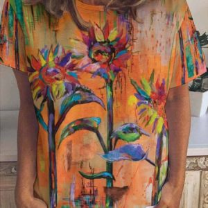 Sunflower Abstract Print Crew Neck Short Sleeve T-Shirt, T-shirts, Lilicloth.com