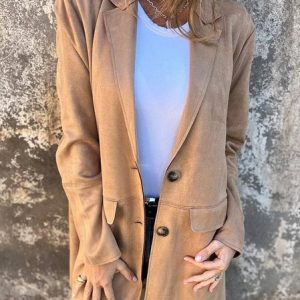 Women's Winter Outerwear Suede Casual Buttoned Plain Mid-long Lapel Collar Overcoat, JustFashionNow Blazers, color:Khaki|size:5XL,