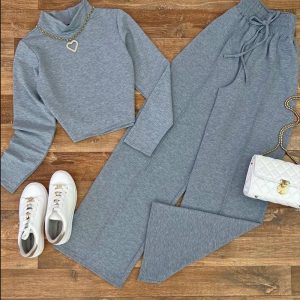 2PCS Mock Neck Long Sleeve Top & Shirred Stretchy Waist Pants Set, Two-piece Sets, ChicMe catalog
