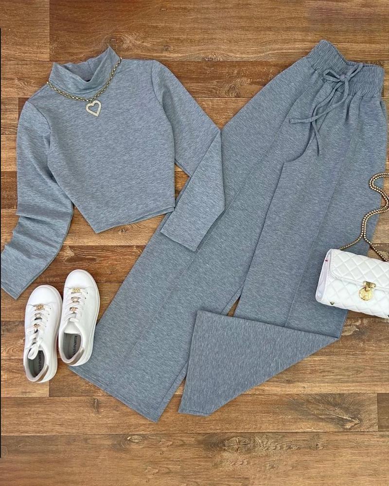 2 Piece Lounge Set Long Sleeve Mock Neck Top Shirred Stretchy Waist Pants Outfits Matching Tracksuit, women Two-piece Sets, ChicMe catalog