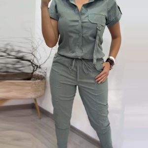 Buttoned Short Sleeve Top & Drawstring Skinny Pants Set, Two-piece Sets, ChicMe catalog