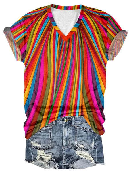 Loose Crew Neck Casual Abstract Stripes T-Shirt, T-shirts, Lilicloth.com