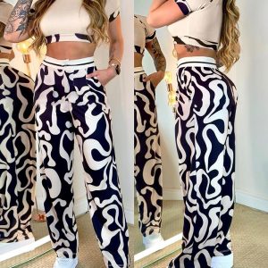Abstract Print Crop Top & Pocket Design Pants Set, Two-piece Sets, ChicMe catalog