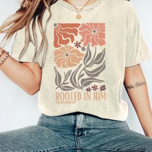 Rooted In Him Christian Vintage Distressed Shirt, T-shirts, Lilicloth.com