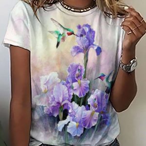 Casual Simple Floral Bird Print Crew Neck Short Sleeve T-Shirt, T-shirts, Lilicloth.com