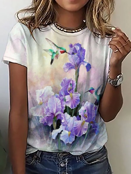 Casual Simple Floral Bird Print Crew Neck Short Sleeve T-Shirt, T-shirts, Lilicloth.com