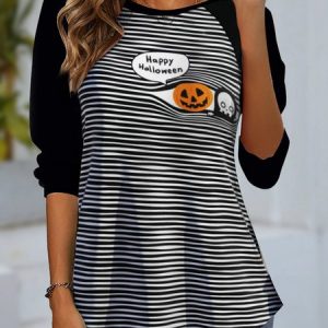 Casual Striped Crew Neck Long Sleeve T-shirt, Blouses, color:Black|size:XXL, catalog Noracora shop