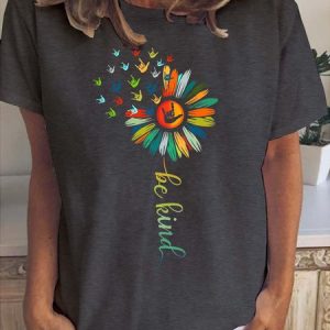 Be Kind Print Crew Neck Casual Short Sleeve T-shirt, T-shirts, Lilicloth.com