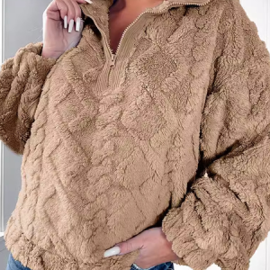 Women's V Neck Plain Zipper Casual Spring/Fall Long Sleeve Sweatshirt, JustFashionNow Sweatshirts & Hoodies, color:Khaki|size:XXL,