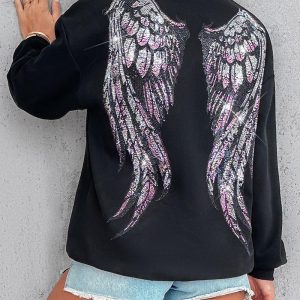 Rhinestone Letter Wings Pattern Crewneck Drop Shoulder Sweatshirt, Sweats & Hoodies, ChicMe catalog