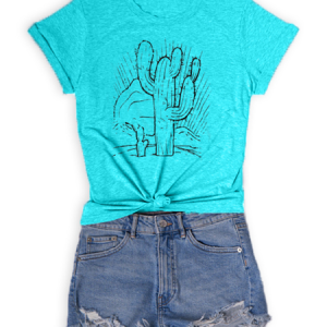 Blue Cactus Printed Short Sleeve Shirt & Top, T-shirts, Lilicloth.com