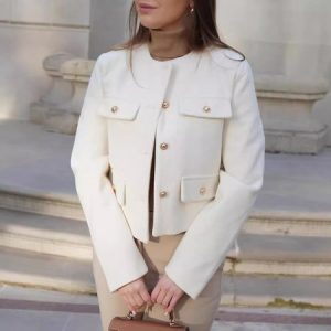 Women's Spring/Fall Outerwear Casual Plain Long Sleeve Crew Neck Jacket, JustFashionNow Jackets, color:White|size:XL,