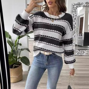 Loose Striped Casual Crew Neck Sweater, JustFashionNow Sweaters, color:Black|size:XL,