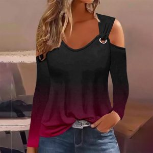 Women's Long Sleeve Blouse Spring/Fall Ombre V Neck Daily Going Out Casual Top, JustFashionNow Shirts & Blouses, color:Red|size:XXL,