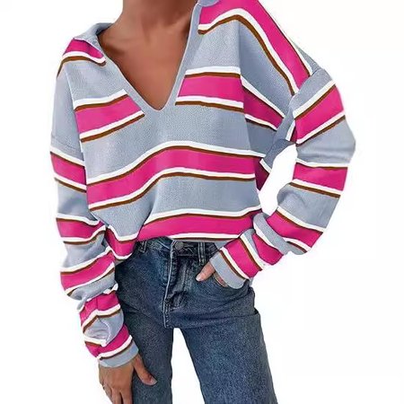 Women's Long Sleeve Blouse Spring/Fall Striped Wool/Knitting Shirt Collar Daily Going Out Casual Top, JustFashionNow Shirts & Blouses, color:Deep Pink|size:XL,
